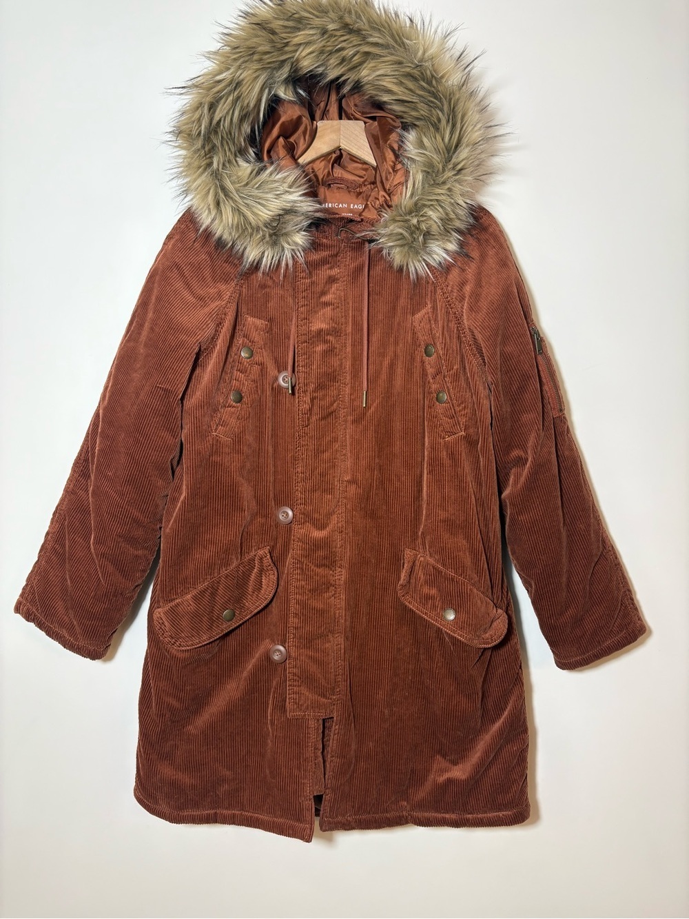 AMERICAN EAGLE AE Women's Y2K Corduroy Penny Lane Long Parka Coat Faux Fur Med